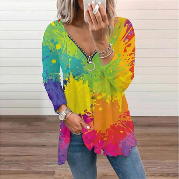 

women's t-shirt 2021 women fashion chic print autumn zipper plus size casual tshirt long sleeve tunic female clothing, White