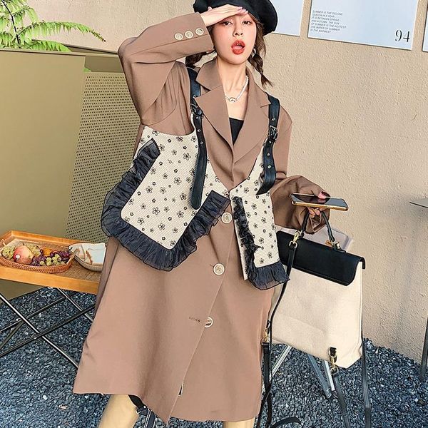 

women's wool & blends design ruffle waistcoat fashion brand long coat loose 2021 autumn m9353, Black