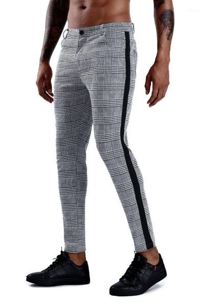 

men's pants casual mens chinos cotton slim fit male trousers skinny gray ankle length streetwear plaid side stripe fashion men, Black