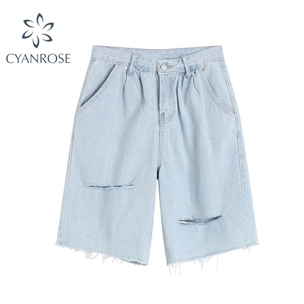 

5-point jeans women korean streetwear casual high waist summer blue loose straight pants ripped denim shorts ladies 210515, Black;white