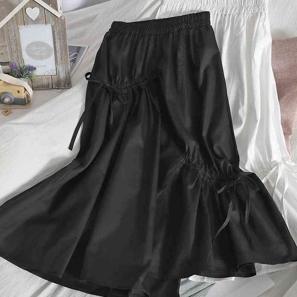 

double drawstring tie student tooling skirt for womens summer wild pure color simple korean knee long black 210420