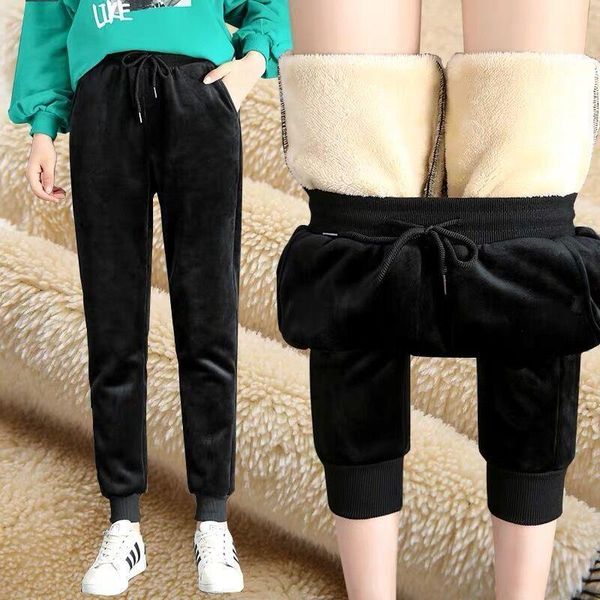 

women's pants & capris women winter thick lambskin cashmere warm female casual cotton loose harlan long trousers plus size 3xl, Black;white