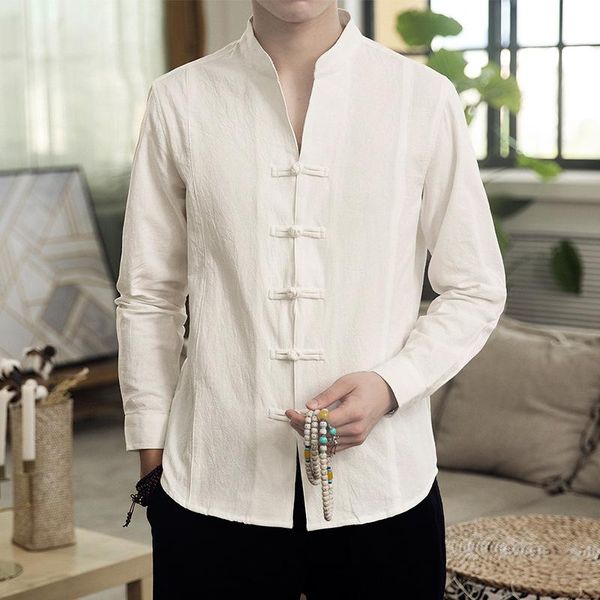

men's casual shirts chinese style long-sleeved shirt solid disc button stand collar tang suit hanfu sports fitness tai chi, White;black