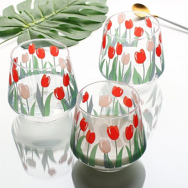 

wine glasses 1pc tulip printed glass home milk cups household drinkware