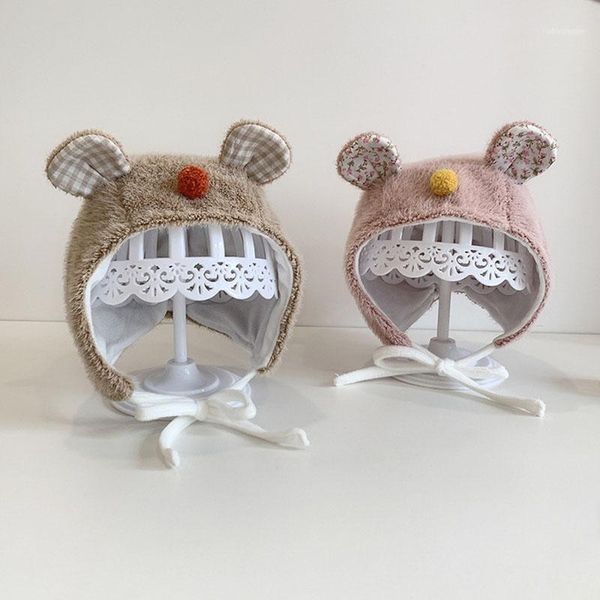 

caps & hats cartoon bear ear protection baby hat autumn winter warm pompom plush infant toddler beanies solid color born girl boy bonnet1, Yellow
