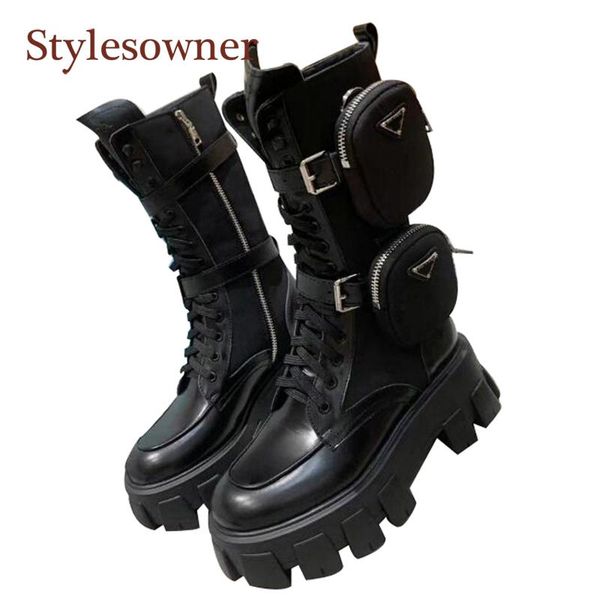 

boots genuine leather round toe lace-up mid-calf height increasing pocket motorcycle fashion high heel metal buckle women shoes, Black
