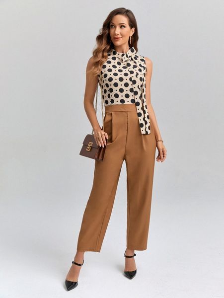 

emery rose polka dot tie neck combo jumpsuit t7ib#, White