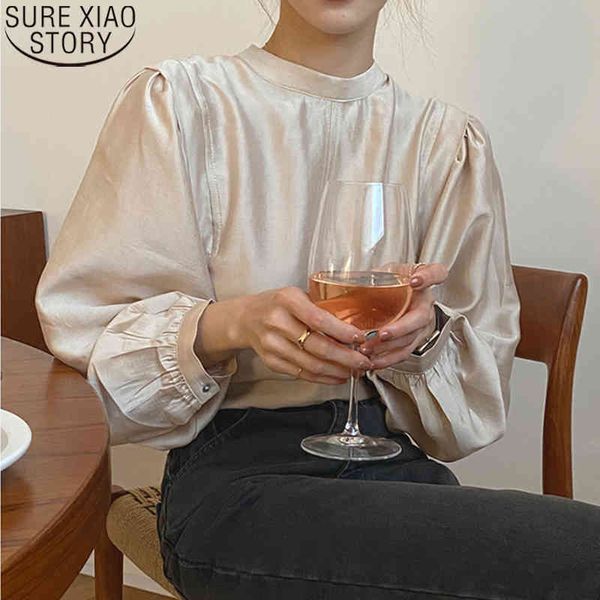 

pleated autumn winter womens and blouses o-neck loose puff sleeve bottoming shirt plus size women clothing 12424 210417, White