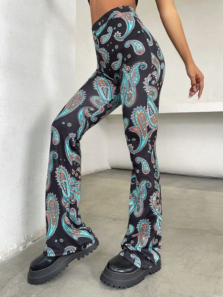 

paisley print flare leg pants j3zz#, Black;white