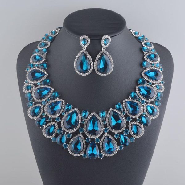 

earrings & necklace luxury big rhinestone blue waterdrop crystal bridal jewelry set weding dress party prom accessories, Silver