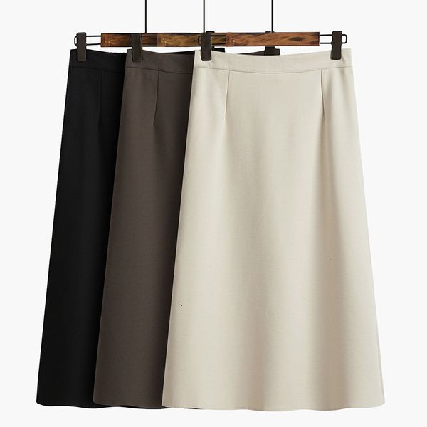 

Skirts skirts Korean-style Elastic Waist Solid Mid-calf Elegant OL Cotton Blend A-line Long Coffee T9CQ, Black