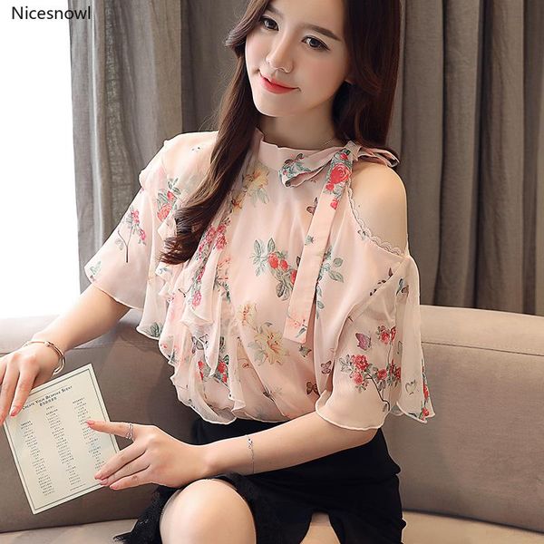 

women's blouses & shirts off shoulder hollow out clothing loose sweet chiffon summer fashion female ruffles big size, White