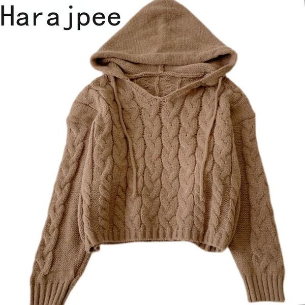 

women's sweaters harajpee women knitted retro sweater solid hooded pullover long-sleeved loose short 2021 autumn winter korean chic, White;black