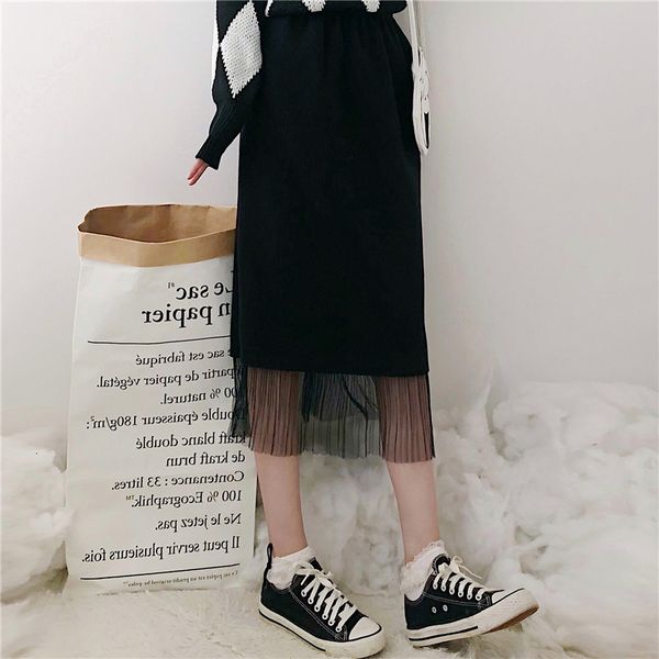 

skirts girl's sweet net red temperament high waist skirt spring autumn winter women's stitching mesh gauze long skirts ins 9skz, Black