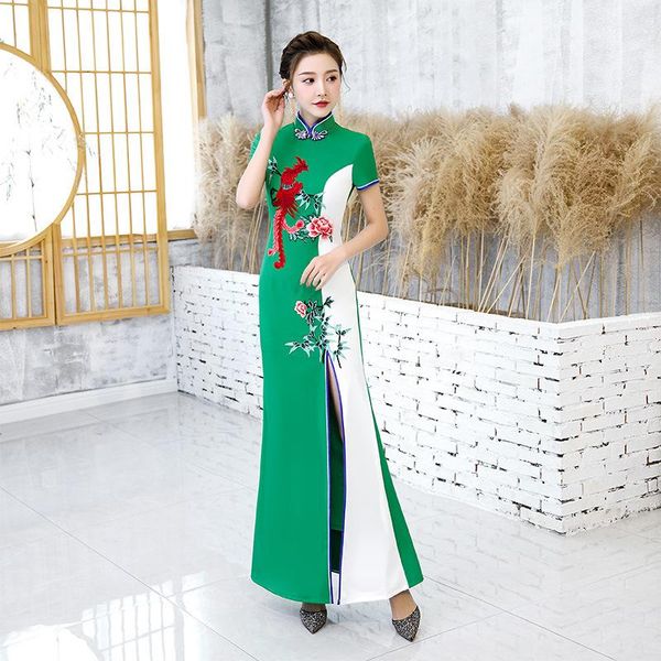 

ethnic clothing green-white patchwork qipao elegant women cheongsam high split stage show dress slim long formal vestidos big size s-5xl, Red