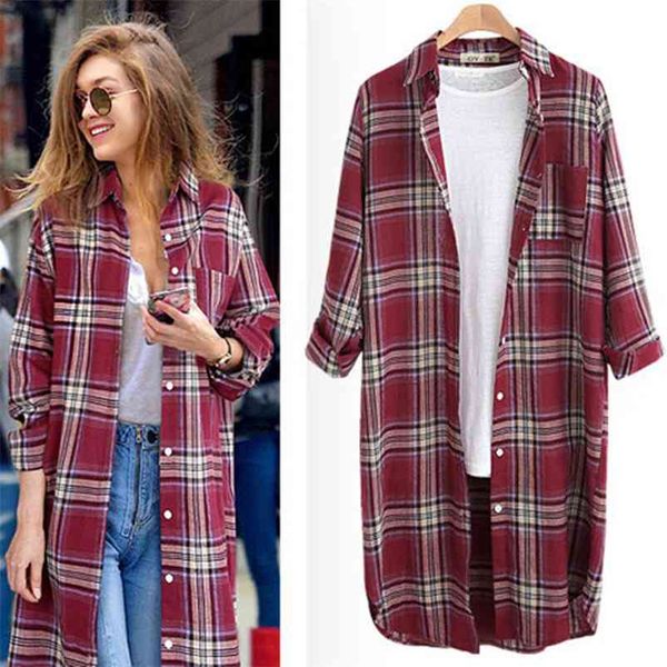 

autumn plaid print women shirt blouse casual button cotton single breasted turn down collar loose long shirts blouses blusas 210520, White