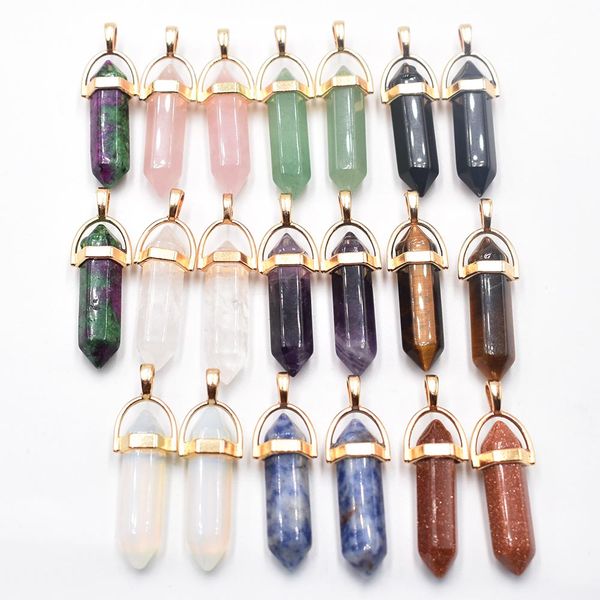 

natural stone charms mixed charms hexagonal healing reiki point pendants for jewelry making, Bronze;silver