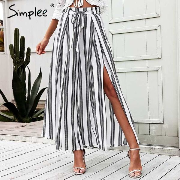 

high waist loose striped summer pants streetware side split women pants elastic cotton white wide leg trousers 210707, Black;white
