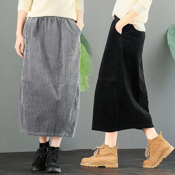 

skirts 2021 vintage high-waist corduroy skirt for autumn and winter women's mid-length casual stitching lantern y248, Black