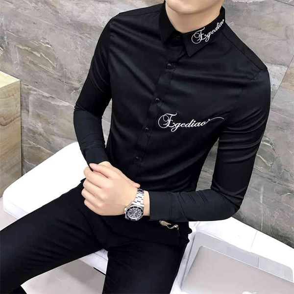 

men's casual shirts quality camiseta masculina slim fit long sleeve dress shirt men embroidery letter black white mens social 3xl-, White;black