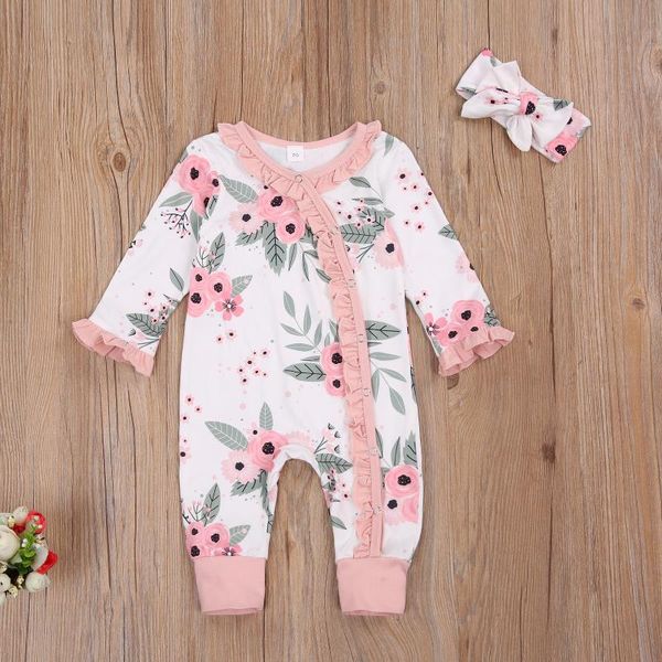

jumpsuits 0-18m autumn baby girls boys rompers headband 2pcs flowers print ruffles long sleeve single breasted, Blue