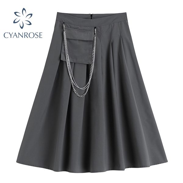 

oversized grey&black skirt women pleated pocket spliced chain clothing female high waist gothic high street fashion clothes 210417