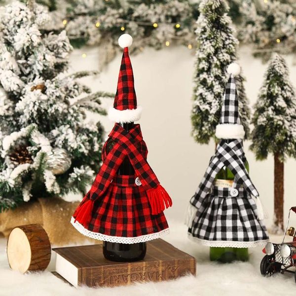

christmas decorations creative wine bottle cover funny mini plaid skirt scarf santa hat champagne packaging bag sleeve wrap decor