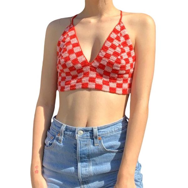 

women's t-shirt halter crop cami sleeveless self-tie backless checkerboard print crochet knitted camisole sling, White