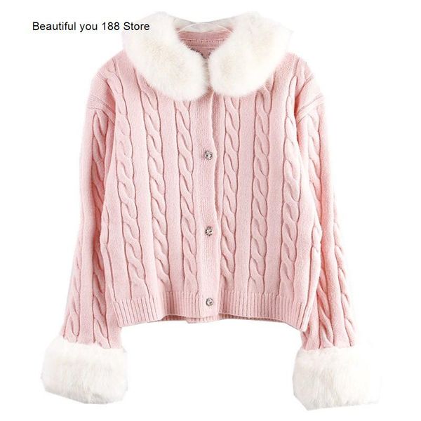 

women's sweaters autumn winter temperament mink collar cuffs decorative wool knitted cardigan fashion, White;black