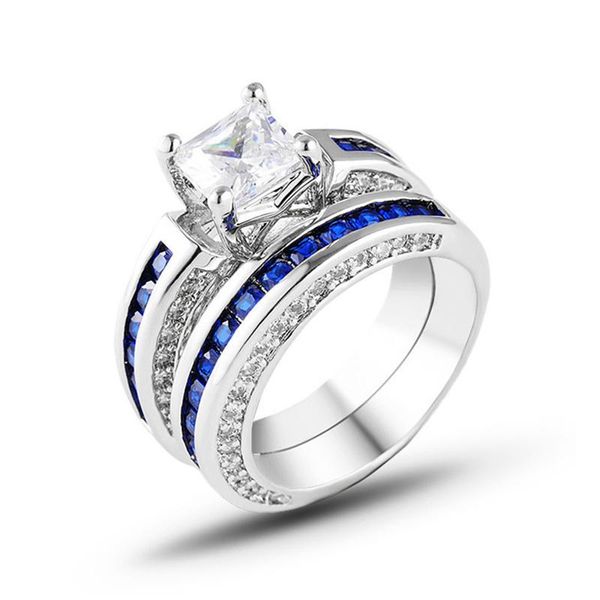 

classic women sliver plated double rings fashion blue zircon crystal party gifts jewelry cluster, Golden;silver