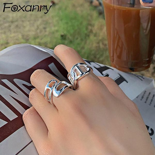 

cluster rings foxanry 925 sterling silver party fashion simple hollow chain cross geometric handmade creative design bride jewelry gifts, Golden;silver