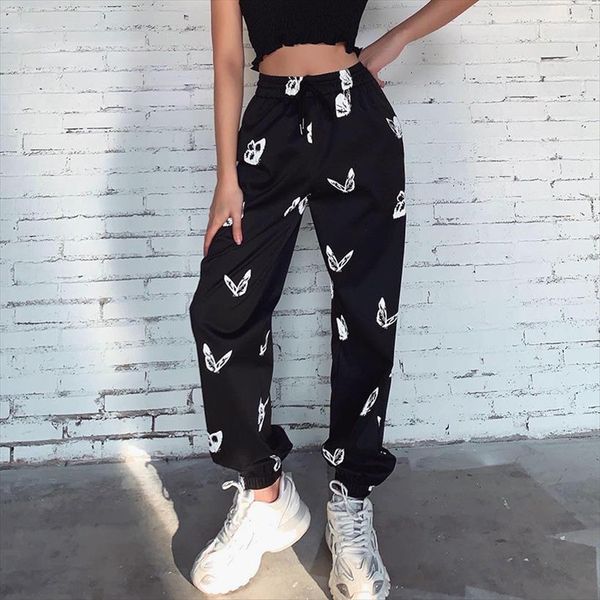 

butterfly printed high waist women capri loose black trousers wdc4698, Black;white