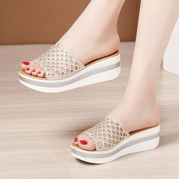 

plus size 32-43 platform slippers women shoes 2021 summer cutout high heels wedges slides ladies office wedding, Black