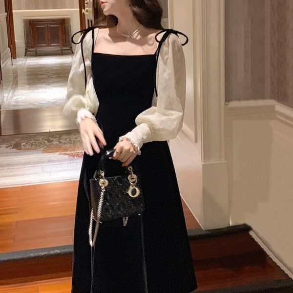 

casual dresses 2021 winter black velvet dress women square collar vintage one piece korean office lady elegant midi party evening, Black;gray