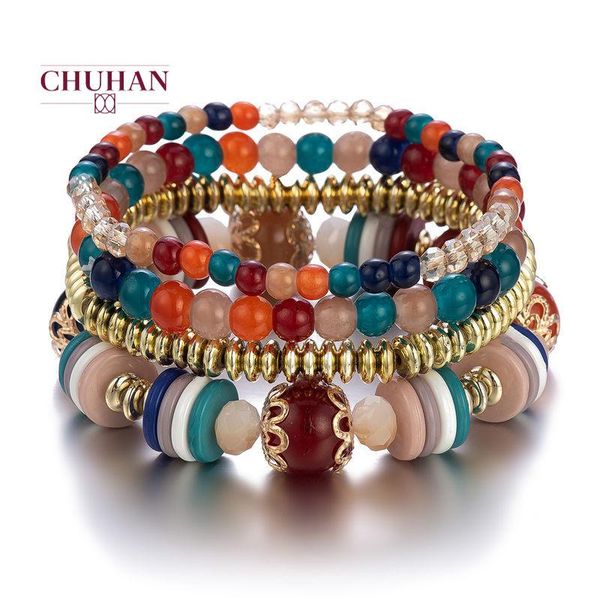

bohemia jewelry for women gift 4pcs fashion multilayer charm bracelets crystal stone beads tassel bangles j478, Golden;silver