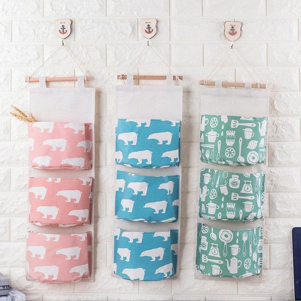 

storage bags creative cotton and linen waterproof hanging bag 3 layer pocket cloth art door sundries
