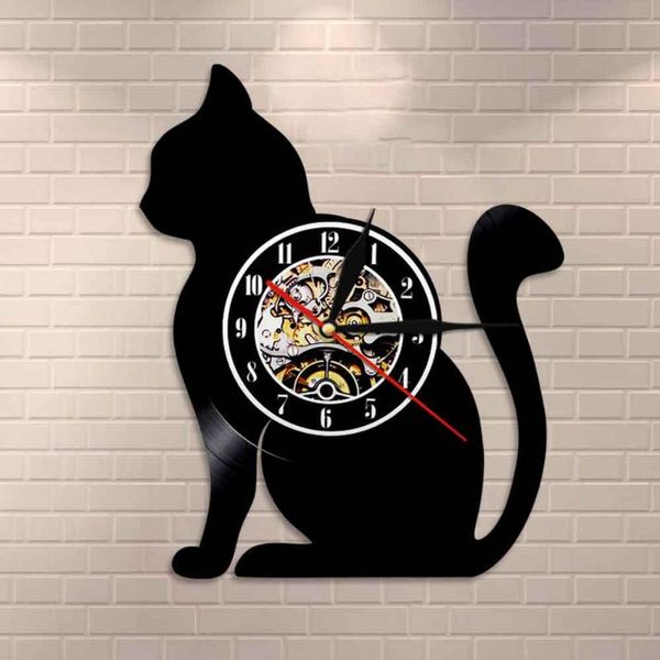 

cat record clock sitting silhouette wall unique gift for lovers pussycat home decor art clocks