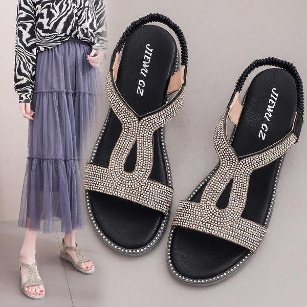 

summer women sandals flats casual t-strap gladiator fashion bling gold silver knitted beach flat shoes, Black