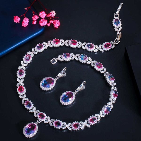 

cwwzircons elegant mystical rainbow cubic zirconia crystal oval drop earrings and necklace set for women party jewelry gift t509 h1022, Silver