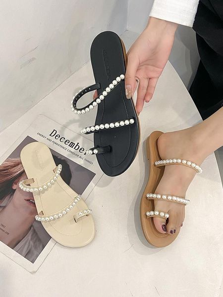 

exquisite ladies slippers summer sweet fashion flat pearl set toe beach casual for outer wear., Black