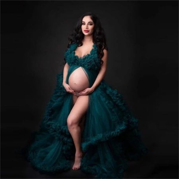 

ruffle green kimono women dresses robe for pshoot extra puffy sleeves prom gowns african cape cloak maternity dress pgraphy, Black