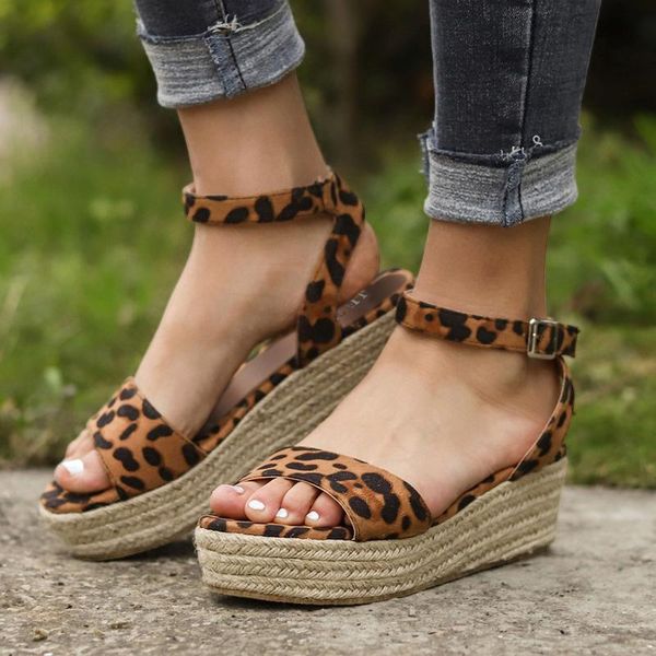 

sandals women's summer flat beach ladies strap ankle buckle platform wedges woven leopard roman shoes female, Black