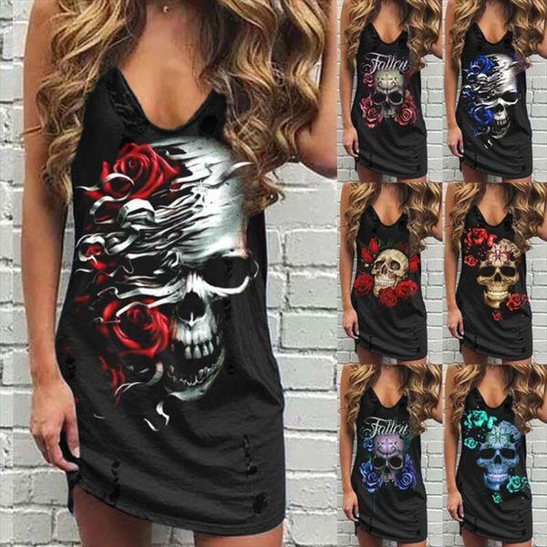 

tank sleeveless summer fashion skull women dress and rose print v collar casual loose plus size female multi colored, Black;gray