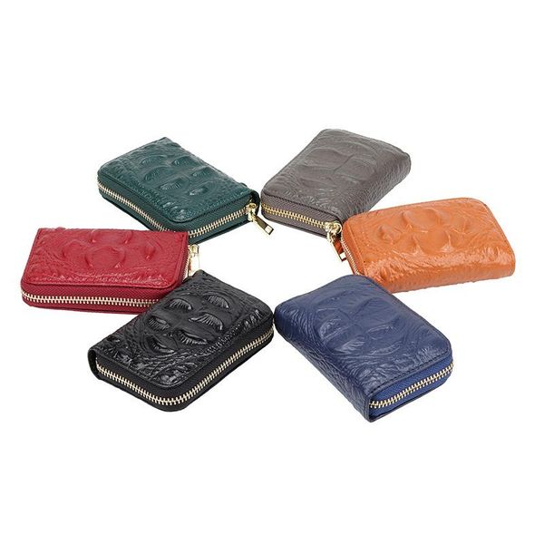 

card holders crocodile pattern genuine leather men wallet duo ka wei full-grain female zipper organ purse holder, Brown;gray