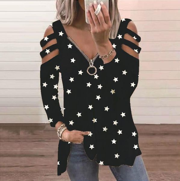

women's blouses & shirts t-shirt 2021 autumn polka dot printed zipper v-neck long sleeve casual plus size hollow out blouse d4, White