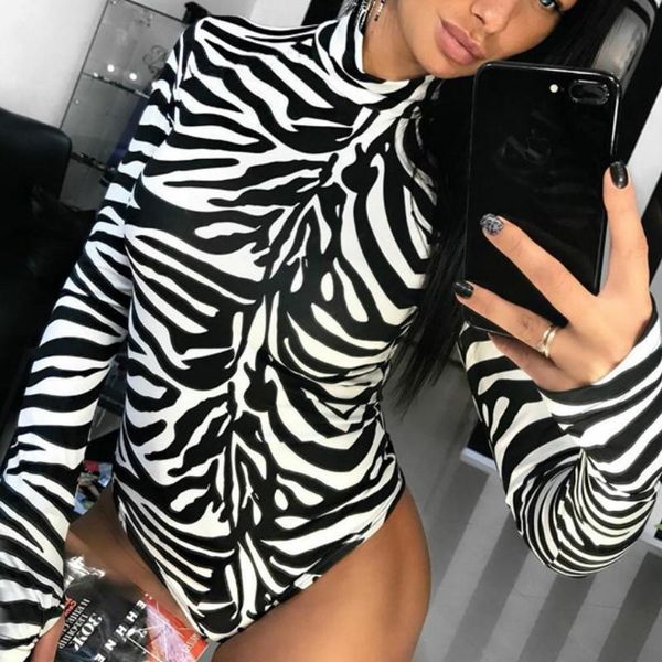 

women's jumpsuits & rompers zebra stripes print long sleeve bodysuit women clothing spring autumn turtleneck bodycon 2021 black white r