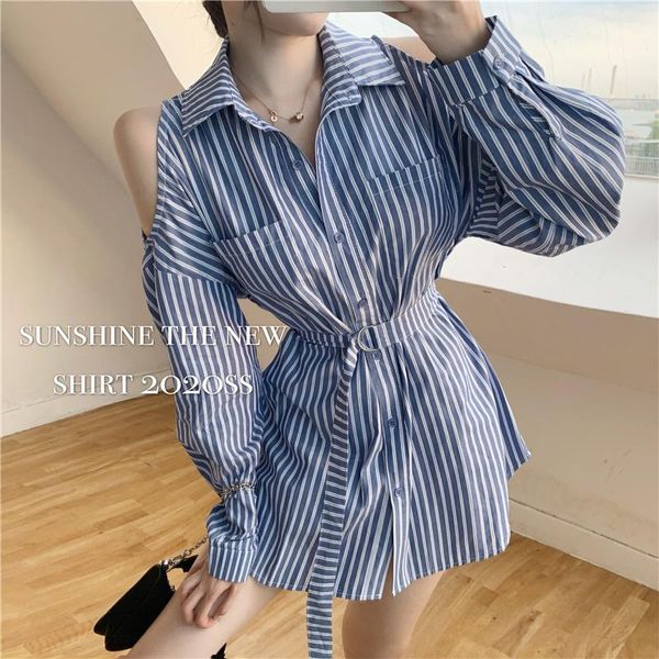 

women's blouses & shirts womens off shoulder and fashion long sleeve striped blouse with belt, White