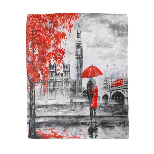 

60x80 inch soft decor throw blanket oil painting street view of london river and bus on bridge artwork big ben man woman warm