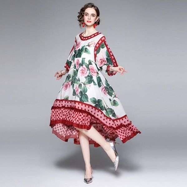 

party dresses fashion summer batwing sleeve floral dress for women's elegant o-neck flower print dot casual loose chiffon irregular, White;black