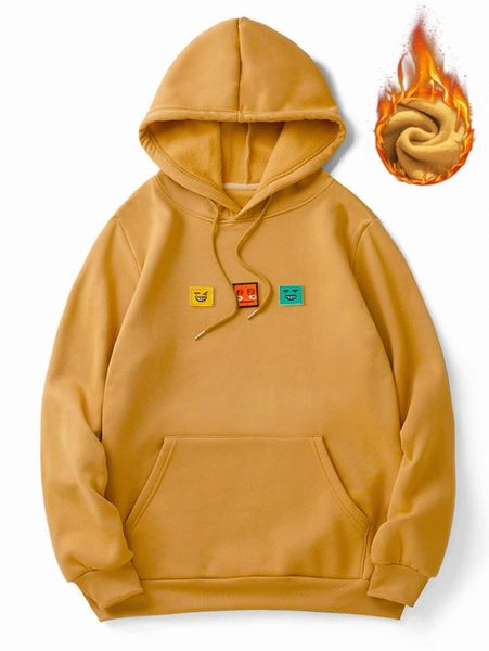

men cartoon patched kangaroo pocket drawstring thermal hoodie g9yl#, Black